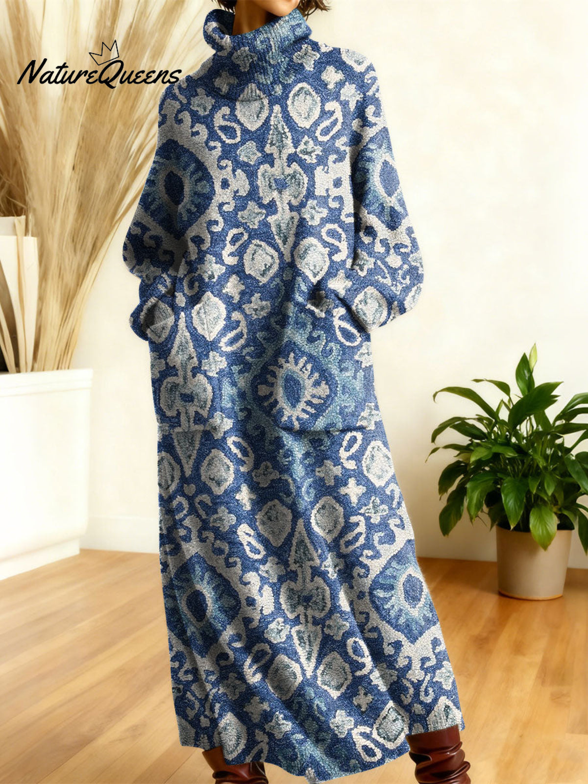 Women's Retro Floral Flowers High-neck Long-sleeve Casual Loose Knit Dress