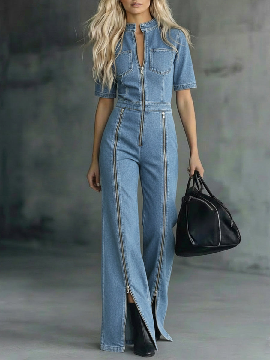 Casual Zippered Denim Jumpsuit