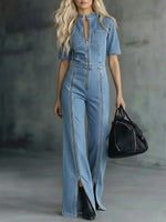 Casual Zippered Denim Jumpsuit