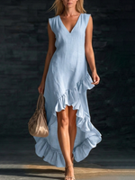 Romantic V-neck Ruffled Hem Linen-cotton Maxi Dress