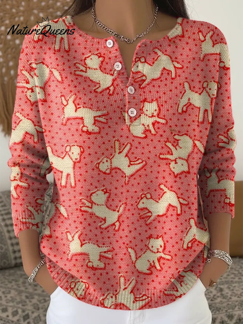 Women's Lovely Dogs Cats Pattern Art Print Buttoned Cardigan Sweater