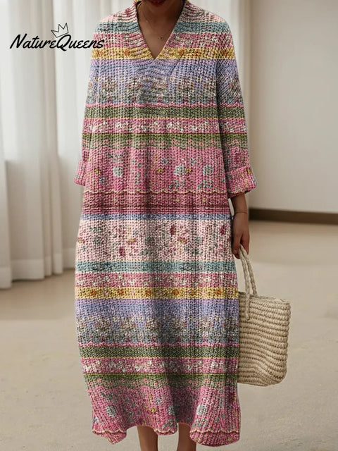 Floral Art Horizontal Stripes Art Print Knitted V-neck Dress