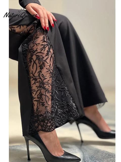 Women's Elegant Flared Pants With Side Lace Trim