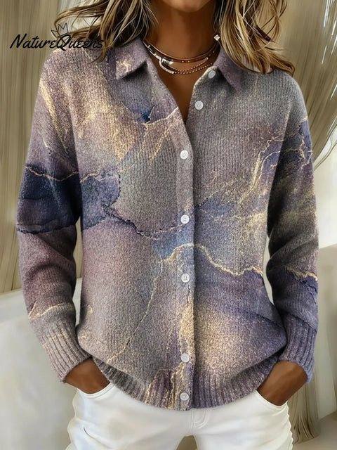 Women's Purple Gradient Texture Print Printed Collared Sweater