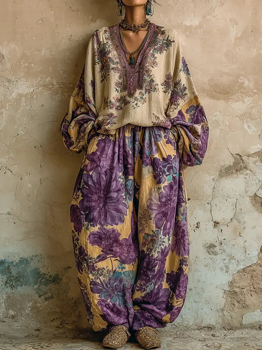 Women's Casual Floral Print Linen And Cotton Top And Pants Two-piece Set