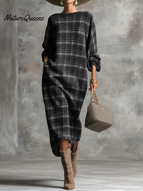 Women's Plaid Print Round Neck Long-sleeved Casual Loose Long Knit Dress