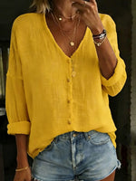 Women's Cotton Linen Loose Solid Color Long-sleeved Shirt