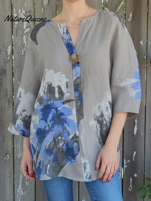 One-button Floral Print Linen Shirt Top