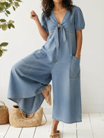 Women's Casual Loose Short-sleeved V-neck Denim Jumpsuit