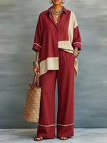 Casual Color-blocked Linen And Cotton Shirt And Trousers Two-piece Set