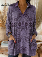 Women's Retro Print V-neck Long Sleeve Casual Loose Cotton Top