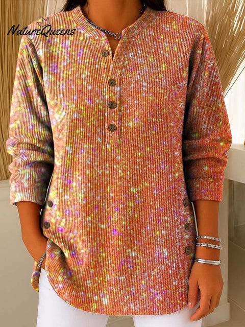 Geometric Abstract Gradient Pattern Art Polo Collar Shiny Loose Sweater Top