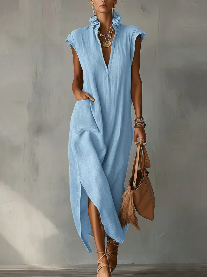 Elegant Ruff Collar Fashion Linen Cotton Midi Dress