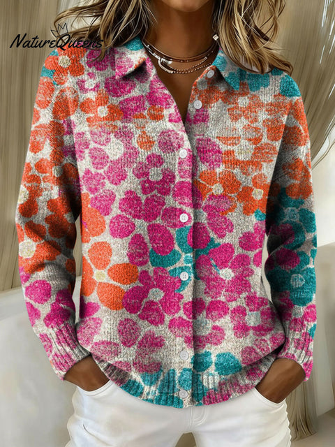 Women's Flowers Color Gradient Pattern Print Cowl Neck Sweater