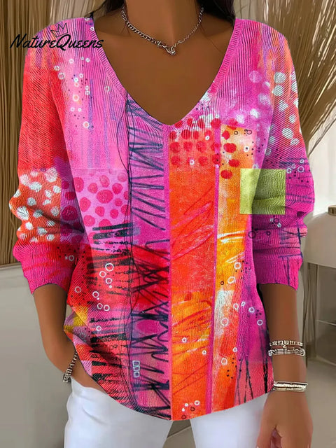 Abstract Art Print V-neck Pullover Sweater