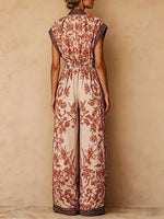 Women's Vintage-print V-neck Short-sleeve Jumpsuit — Casual Loose-fit Wide-leg Cotton-linen Romper