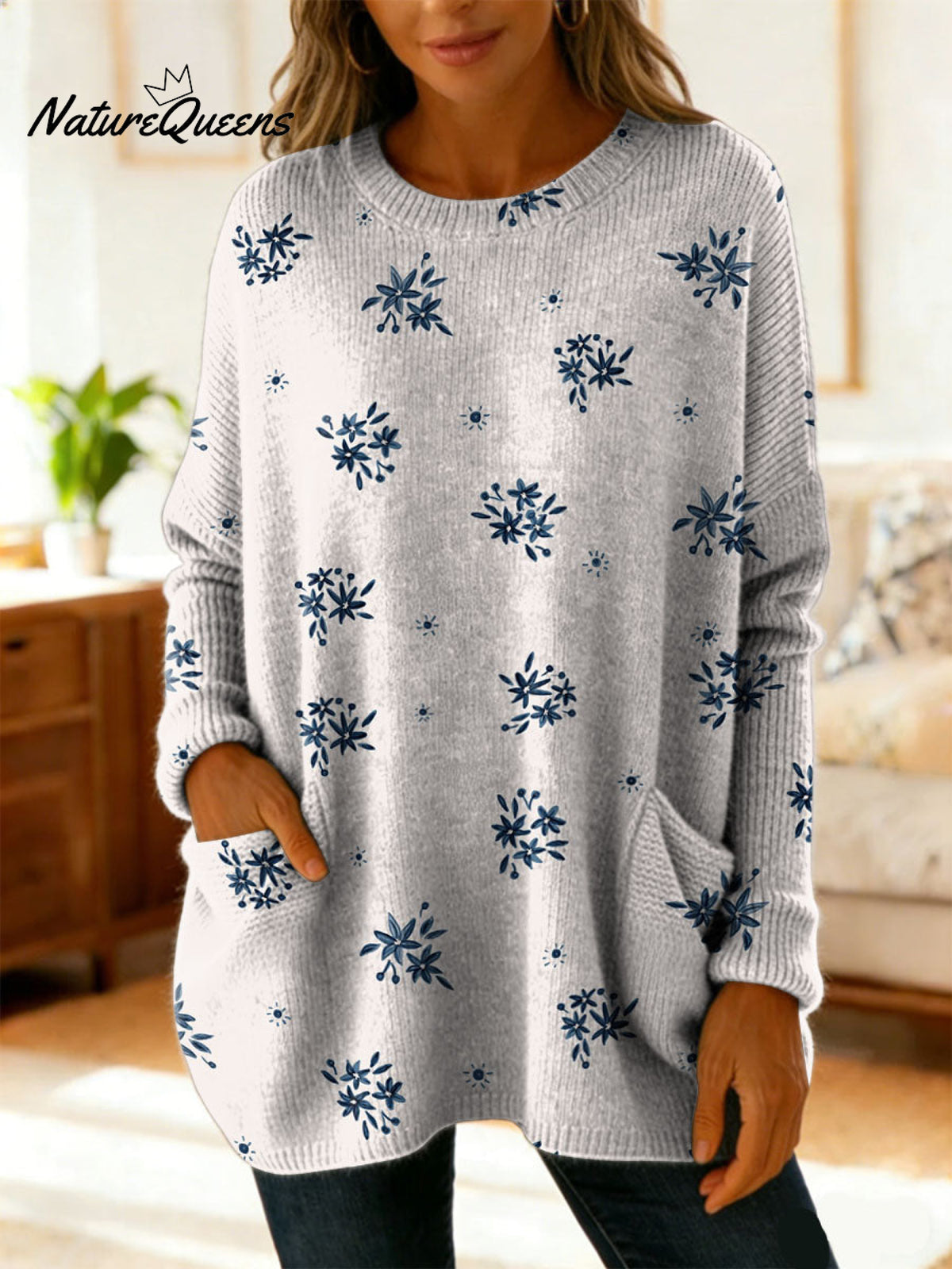 Women's Elegant Small Floral Decorative Patterns Casual V Collar Long Sleeve Sweater