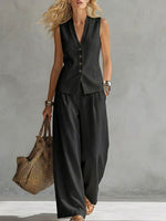 Women's Sleeveless Linen Vest And Pants Set
