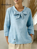 Women's Solid Color V-neck Bow Tie Three-quarter Sleeve Casual Loose Cotton Linen Top