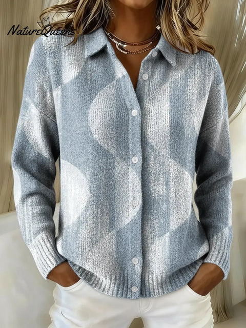 Women's Retro Light Blue Stripes Printed Collared Sweater