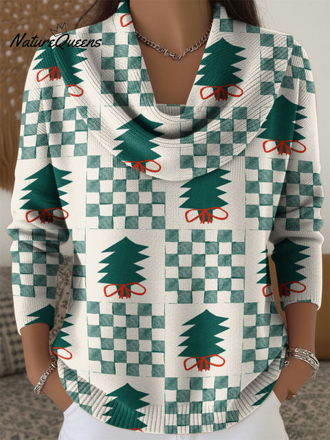 Christmas Tree And Plaid Decorations Women's Casual Swing Collar Long Sleeve Sweater