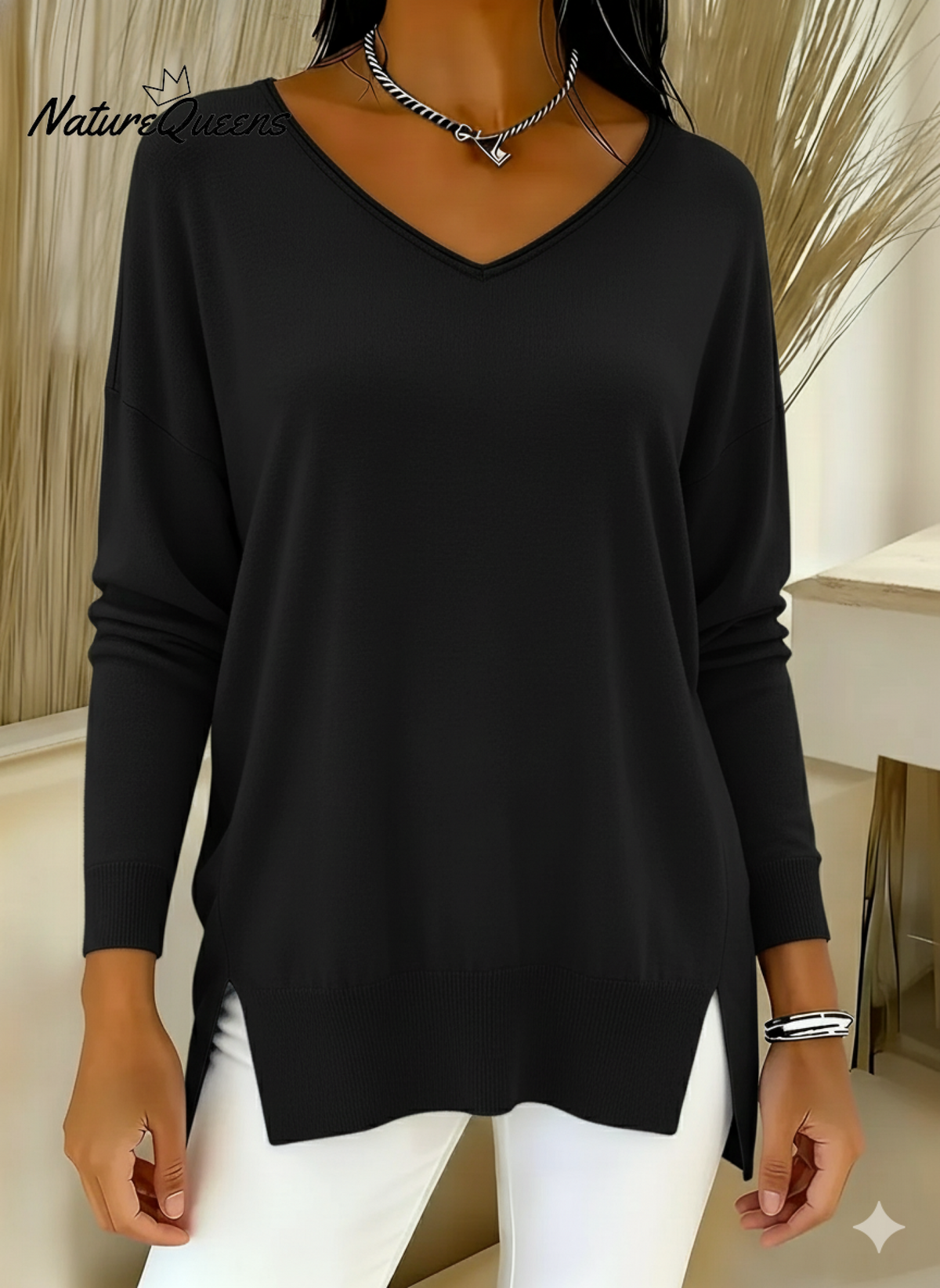 Women's Casual Patchwork Satin V-neck Sweater