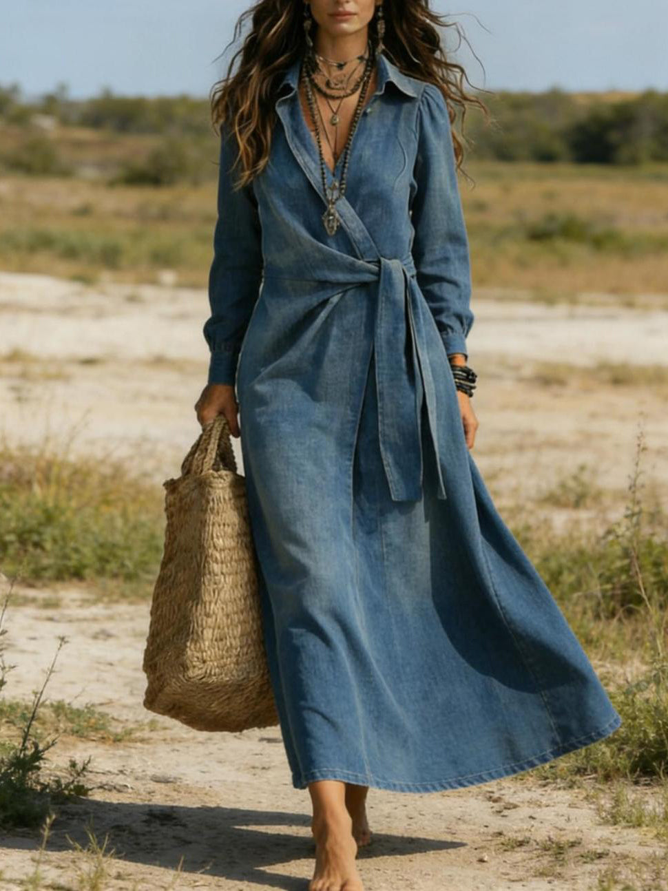 Casual Loose-fitting Tie-up Detail Denim Dress