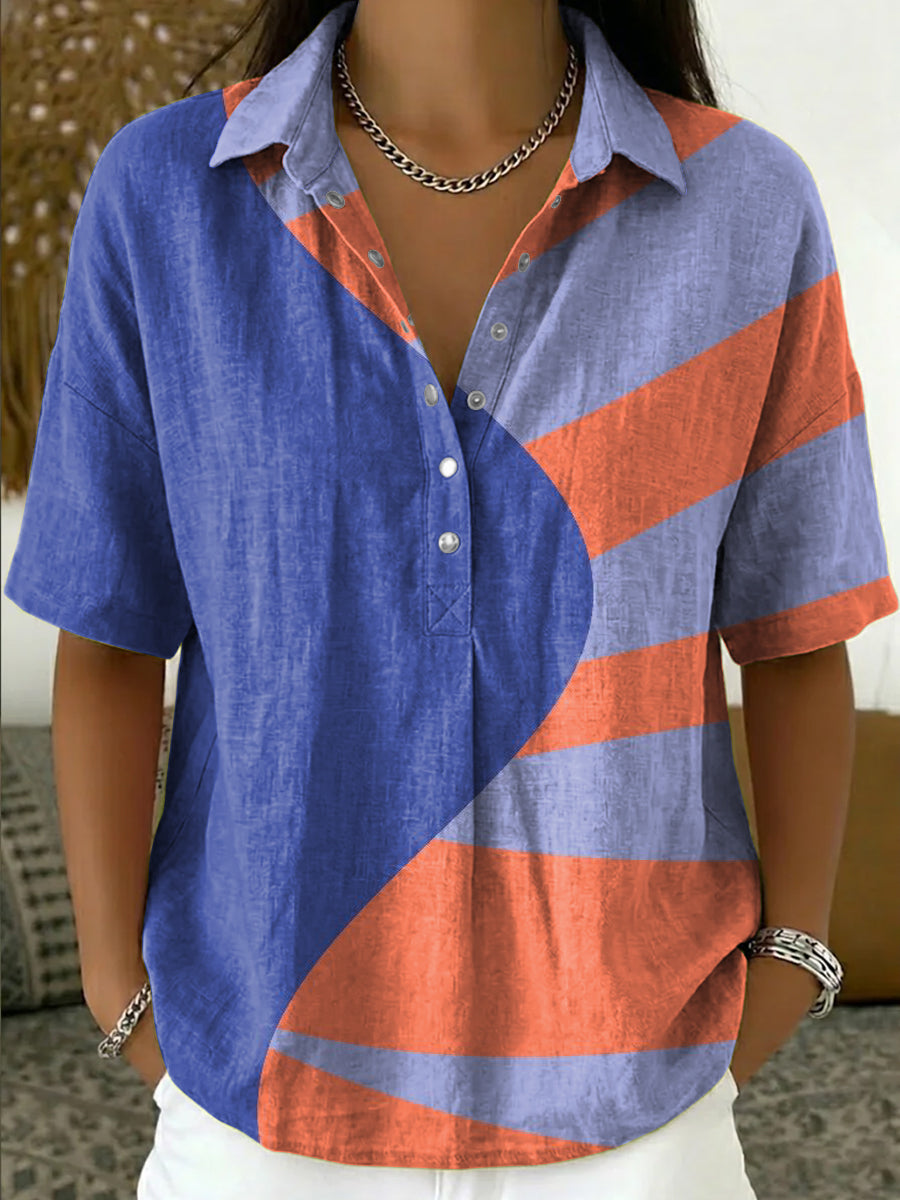 Women's Retro Color-block Artistic Print Cotton-linen Short-sleeve Shirt