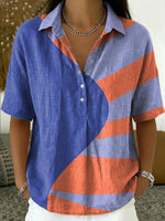 Women's Retro Color-block Artistic Print Cotton-linen Short-sleeve Shirt