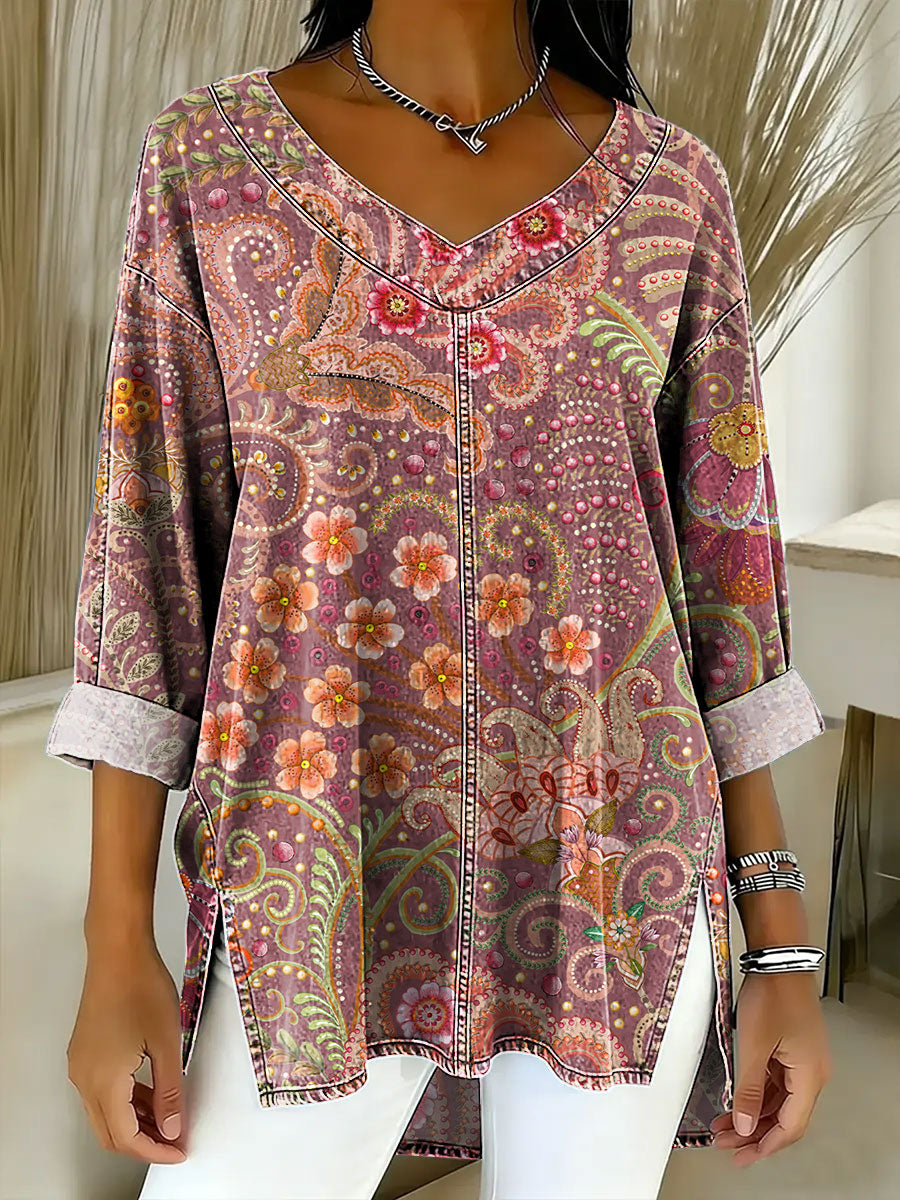 Women's Retro Gradient Flowers Floral Art Patterns Casual Washed Denim Cotton Top