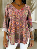 Women's Retro Gradient Flowers Floral Art Patterns Casual Washed Denim Cotton Top