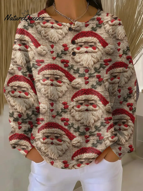 Women's Christmas Santa  Art Print Casual Cotton Waffle Sweatshirt