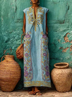 Women's Casual Loose Cotton-linen Dress — V-neck Sleeveless With Placement Print
