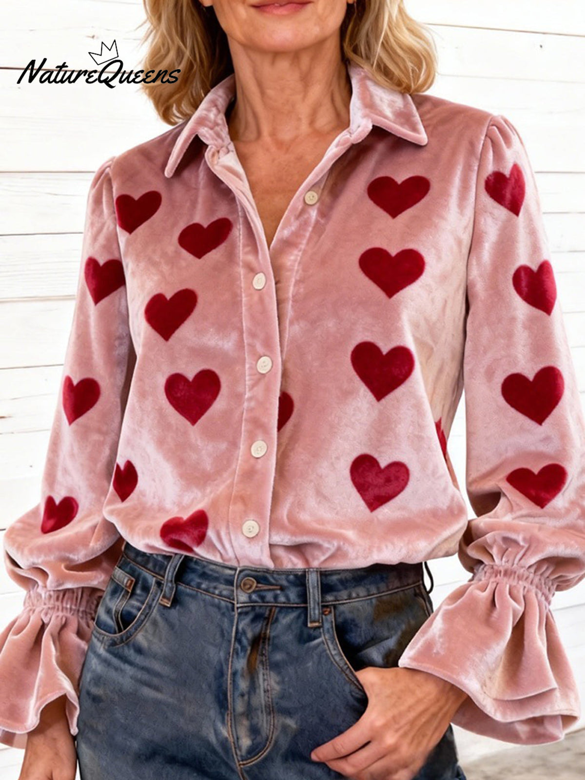 Women's Vintage Love Print Casual Velvet Valentine's Day Shirt