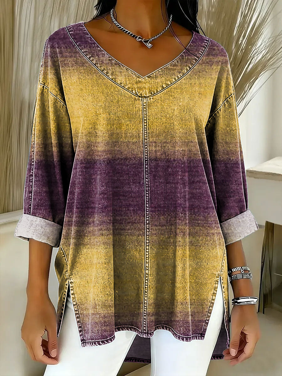 Women's Color Gradient Art Casual Washed Denim Cotton Top