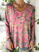 Women's Lovely Floral Flowers Pattern Art Print V-neck Casual Cotton T-shirt