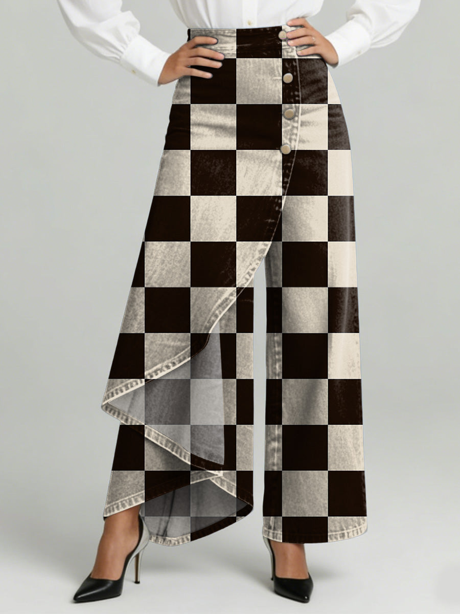 Women's Visual Chessboard Grid Decorative Pattern High-waisted Relaxed Fit Wide-leg Jeans With A Stylish Design