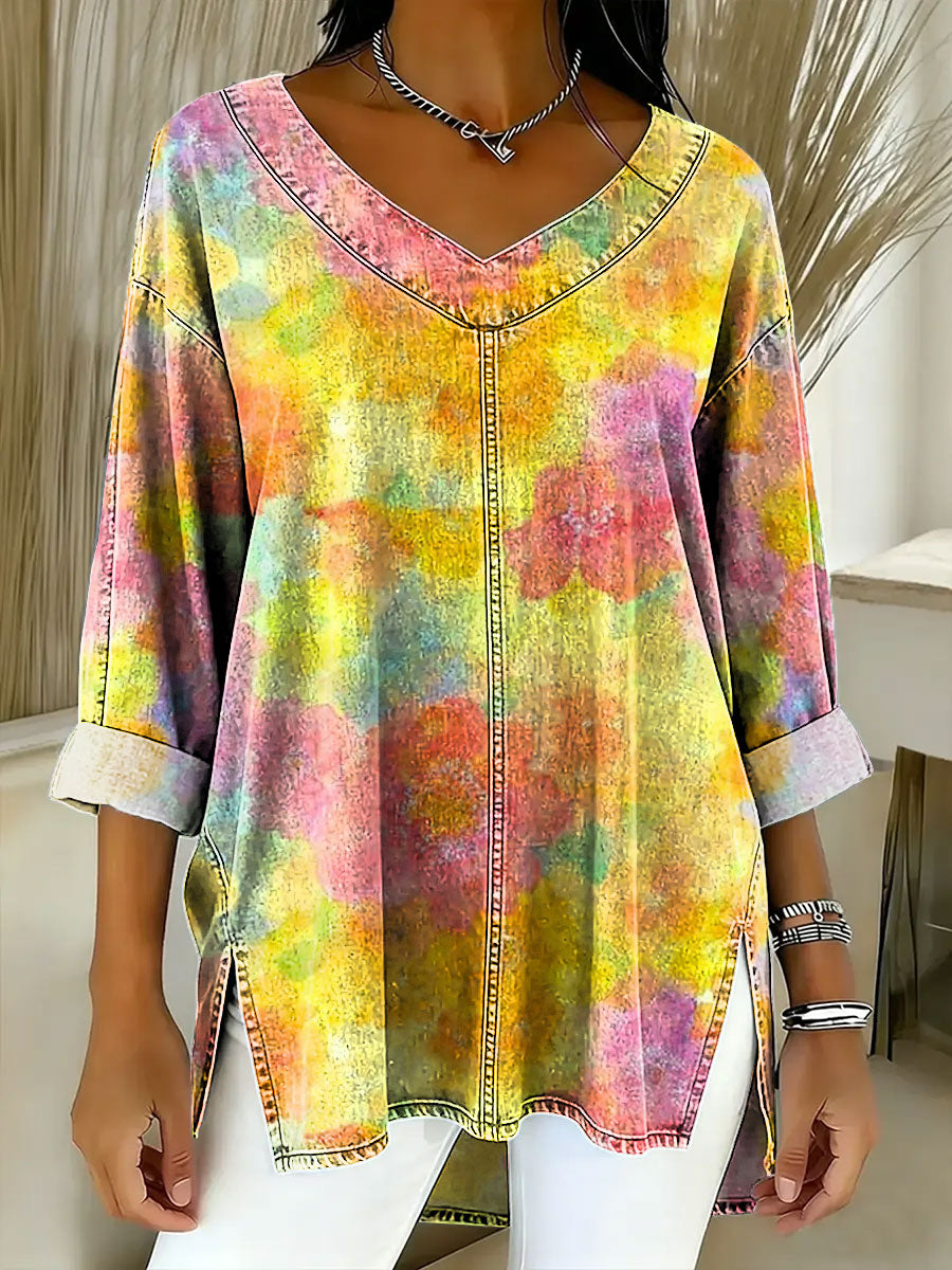 Women's Retro Gradient Flowers Floral Art Patterns Casual Washed Denim Cotton Top