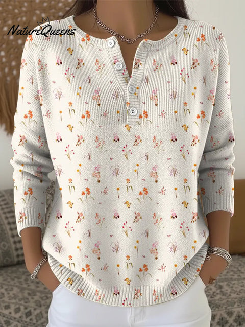 Minimalist Cute Flowers Print Buttoned Cardigan Sweater