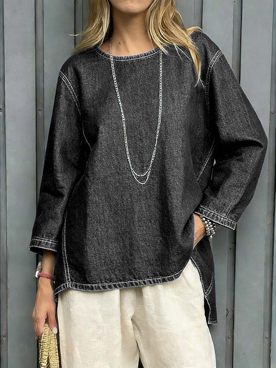 Women's Round Neck Long-sleeved Loose-fitting Simple Denim Top.