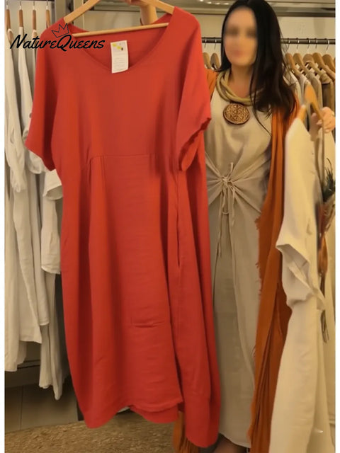 Women's Casual V-neck Pocket Cotton Linen Dress