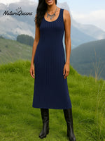 Women's Solid Color Turtleneck Knit Top and Vest Strap Knit Dress Set