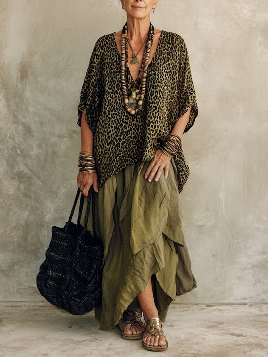 Women's Leopard Print Blouse With Irregular Hem Half Skirt Cotton And Linen Set
