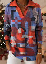 Geometry Color Block Art Pattern Polo Collar Shiny Loose Sweater Top