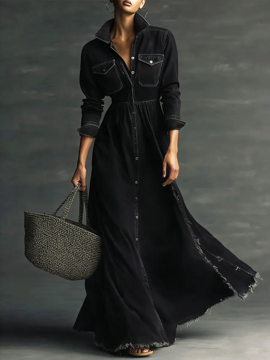 Women Stylish Art Stand Collar Washed Denim Midi Dress