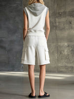 Women's Casual Set: Lapel Sleeveless Loose-fit Hoodie Top & High-waisted Wide-leg Shorts