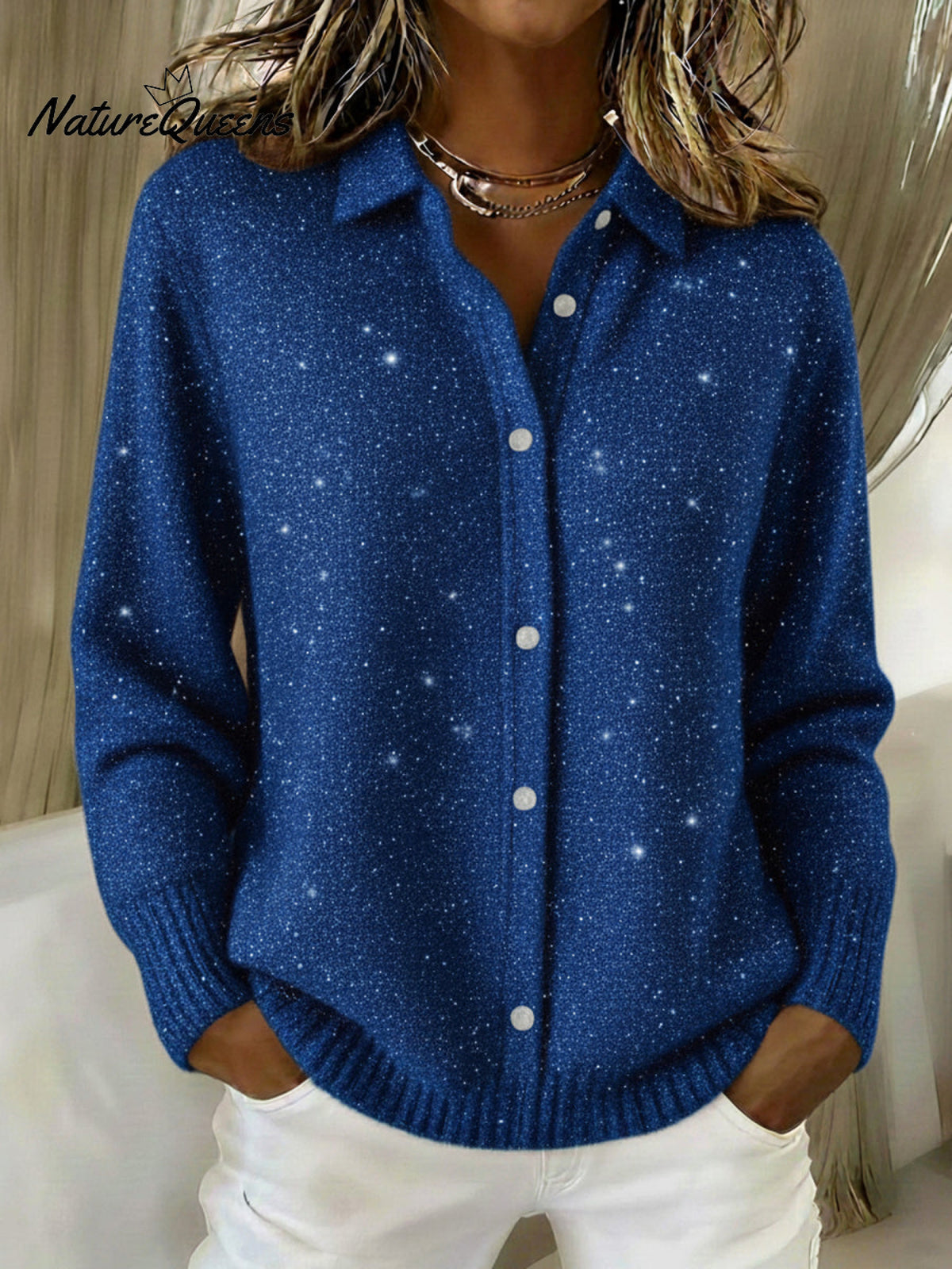Women's Christmas Shirt Button Sequin Sparkling Sweater