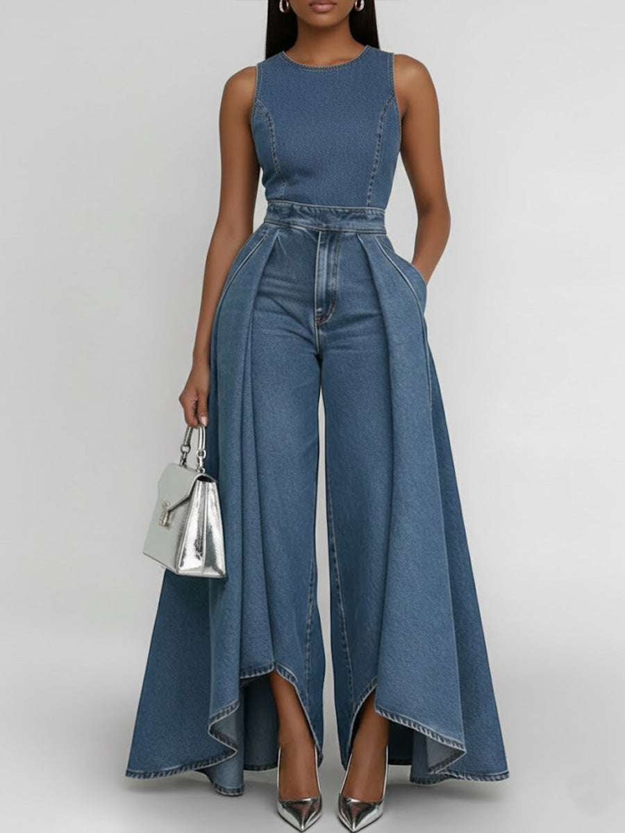 Women's Round Neck Sleeveless Casual Loose Wide-leg Denim Jumpsuit