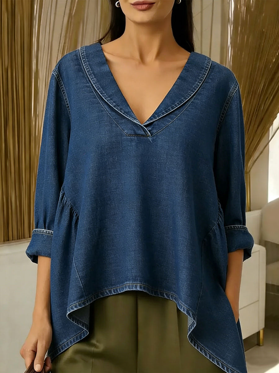 Women's V-neck 3/4 Sleeve Casual Loose Denim Top