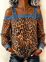 Women's Leopard Print Long-sleeve Casual Loose Denim Top With Chiffon Panels